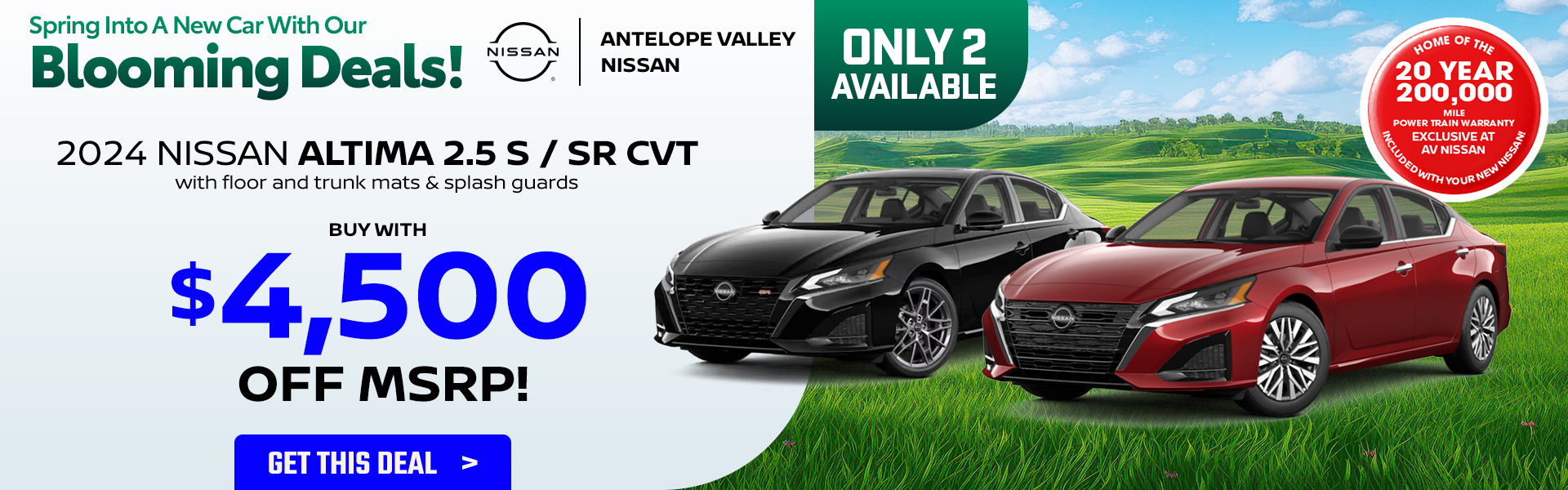 2024 Altima offer 2024 Nissan Altima 2.5 S / SR CVT – with floor and trunk mats & splash guards 2 to choose from! Buy with $4,500 OFF MSRP!