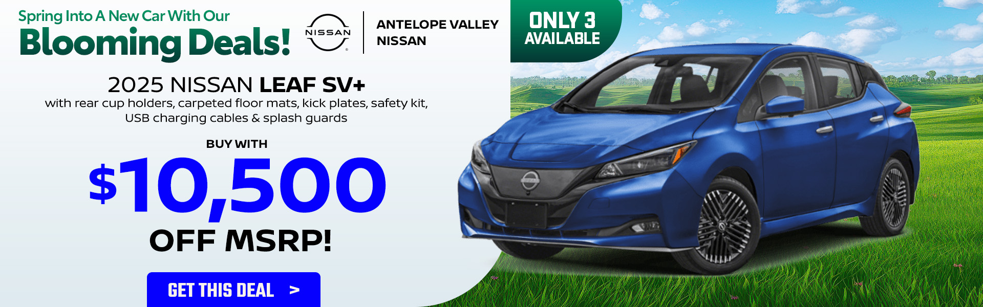 Leaf Offer 2025 Nissan Leaf SV+ with rear cup holders, carpeted floor mats, kick plates, safety kit, USB charging cables & splash guards 3 to choose from! Buy with $10,500 OFF MSRP!