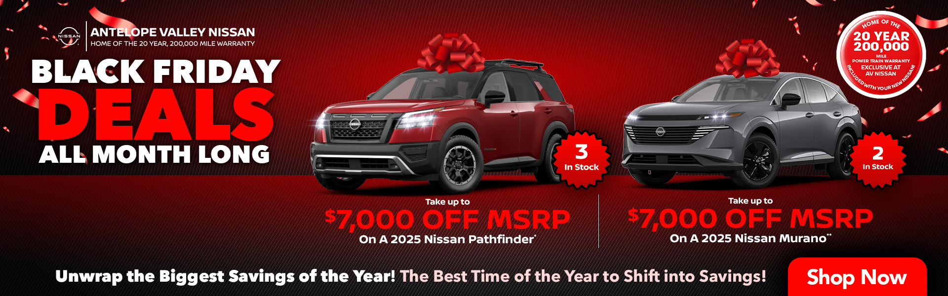 2025 Nissan Pathfinder and Murano 2025 Nissan Pathfinder* $7,000 off MSRP – 3 to choose from! 2025 Nissan Murano** $7,000 off MSRP - 2 to choose from!