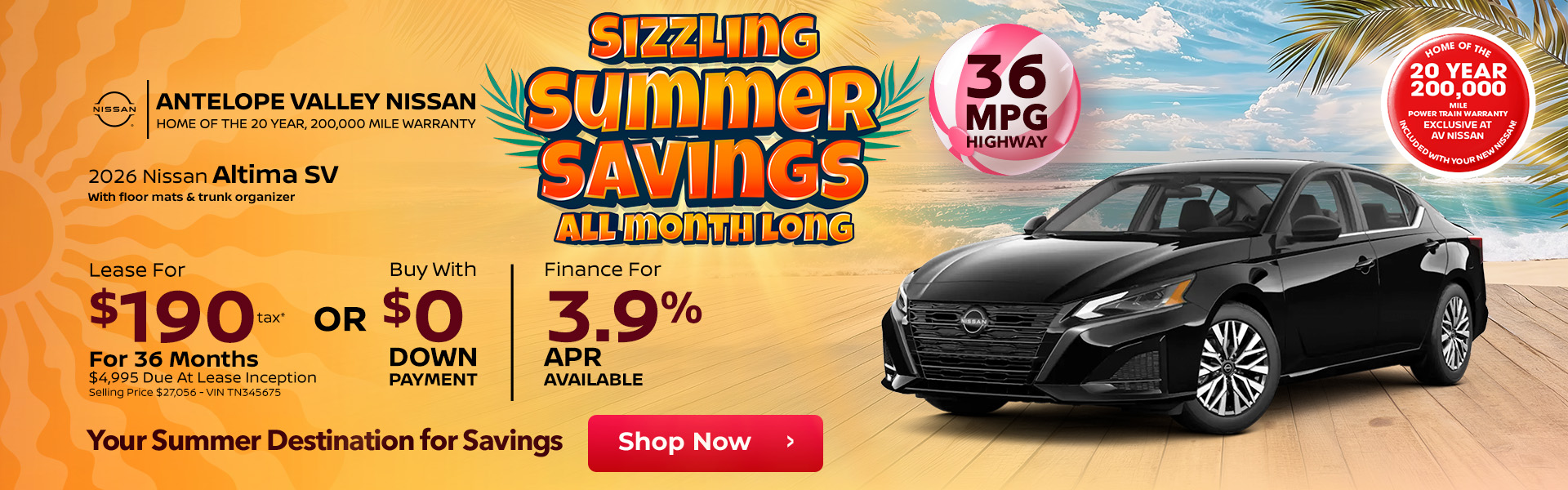 2026 Nissan Altima SV with floor mats & trunk organizer. 36 MPG HIGHWAY Lease $190 + Tax per month 36 months $4,995 Due At Lease Inception Selling Price $27,056 - VIN TN345675 OR Buy with $0 down | Available 3.9% APR