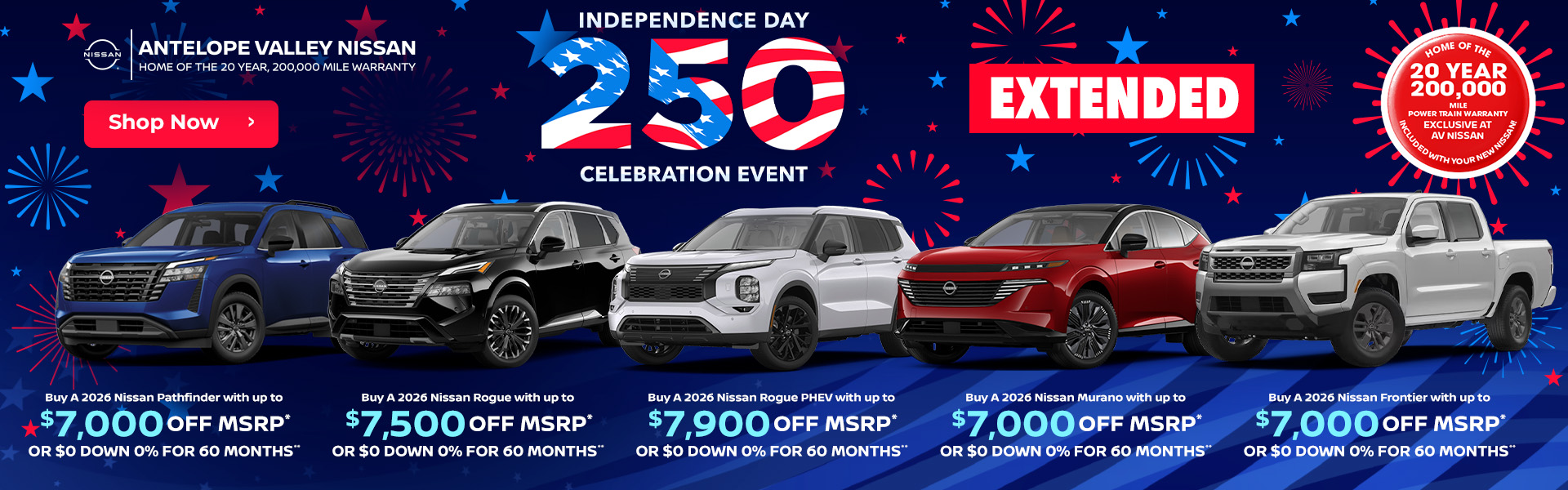 2026 Nissan Pathfinder - Buy with Up to $7,000 Off MSRP* OR $0 Down 0% for 60 months** 2026 Nissan Rogue - Buy with Up to $7,500 Off MSRP* OR $0 Down 0% for 60 months** 2026 Nissan Rogue PHEV - Buy with Up to $7,900 Off MSRP* OR $0 Down 0% for 60 months** 2026 Nissan Murano - Buy with Up to $7,000 Off MSRP* OR $0 Down 0% for 60 months** 2026 Nissan Frontier - Buy with Up to $7,000 Off MSRP* OR $0 Down 0% for 60 months**