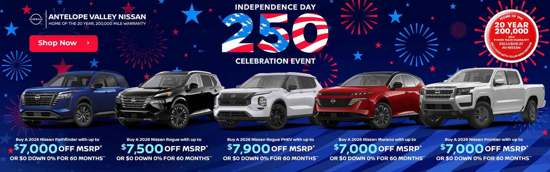 2026 Nissan Pathfinder - Buy with Up to $7,000 Off MSRP* OR $0 Down 0% for 60 months** 2026 Nissan Rogue - Buy with Up to $7,500 Off MSRP* OR $0 Down 0% for 60 months** 2026 Nissan Rogue PHEV - Buy with Up to $7,900 Off MSRP* OR $0 Down 0% for 60 months** 2026 Nissan Murano - Buy with Up to $7,000 Off MSRP* OR $0 Down 0% for 60 months** 2026 Nissan Frontier - Buy with Up to $7,000 Off MSRP* OR $0 Down 0% for 60 months**
