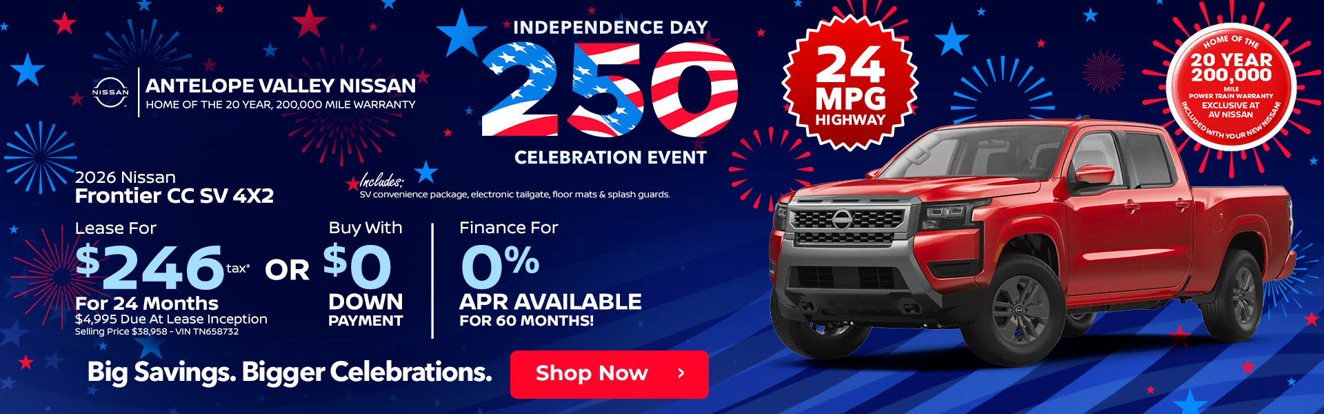 2026 Nissan Frontier CC SV 4X2 with SV convenience package, electronic tailgate, floor mats & splash guards. 24 MPG HIGHWAY Lease $246 + Tax per month 24 months $4,995 Due At Lease Inception Selling Price $38,958 - VIN TN658732 OR Buy with $0 down | Available 0% APR for 60 months!