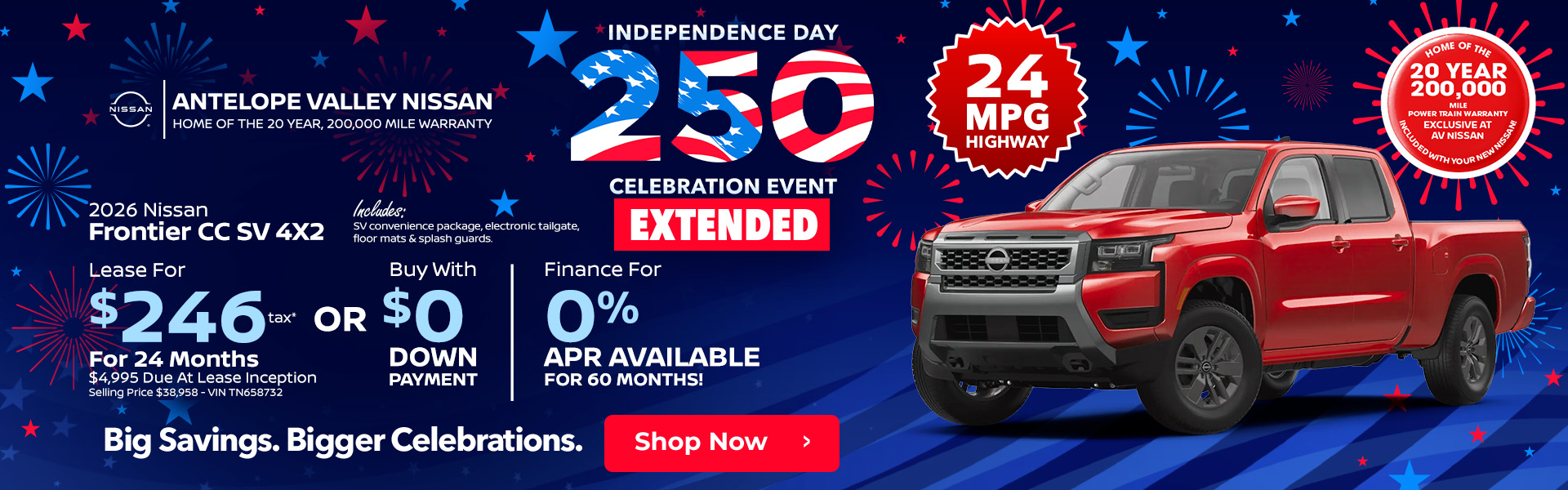 2026 Nissan Frontier CC SV 4X2 with SV convenience package, electronic tailgate, floor mats & splash guards. 24 MPG HIGHWAY Lease $246 + Tax per month 24 months $4,995 Due At Lease Inception Selling Price $38,958 - VIN TN658732 OR Buy with $0 down | Available 0% APR for 60 months!