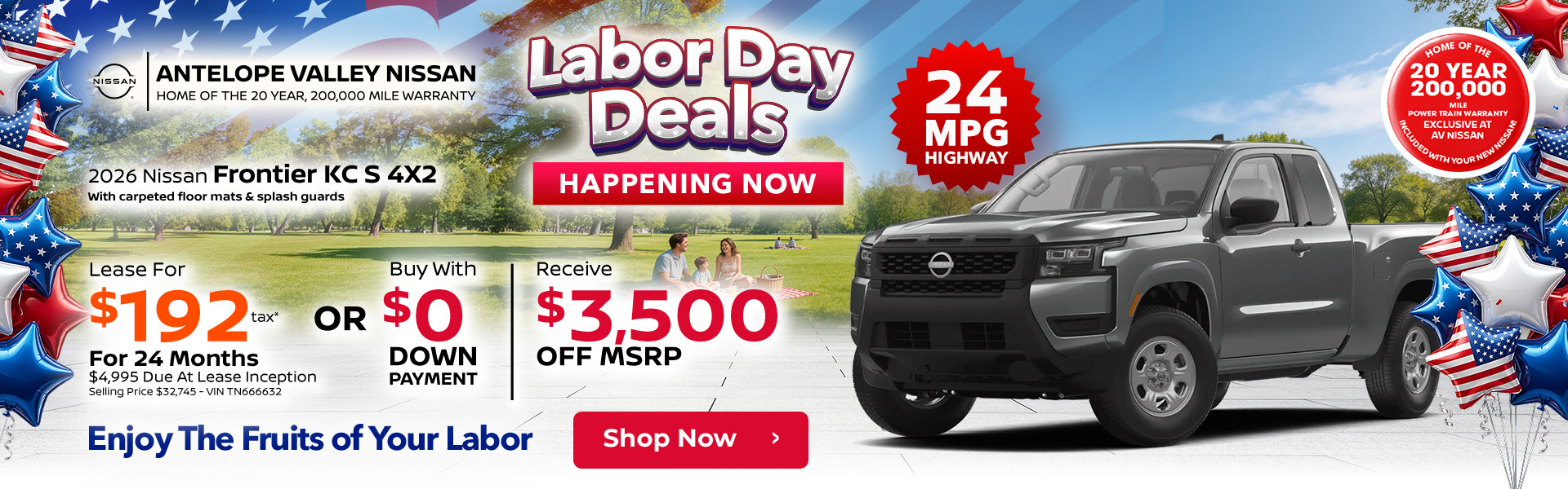 2026 Nissan Frontier KC S 4X2 with carpeted floor mats & splash guards 24 MPG HIGHWAY Lease $192 + Tax per month 24 months $4,995 Due At Lease Inception Selling Price $32,745 - VIN TN666632 OR Buy with $0 down | $3,500 Off MSRP