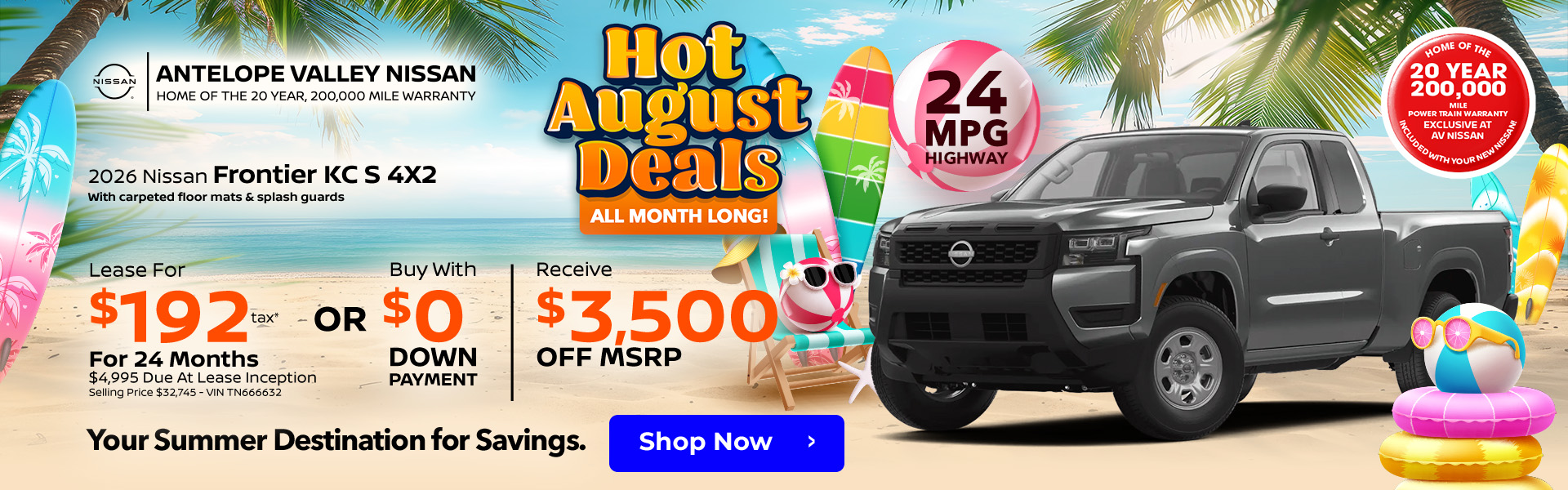 2026 Nissan Frontier KC S 4X2 with carpeted floor mats & splash guards 24 MPG HIGHWAY Lease $192 + Tax per month 24 months $4,995 Due At Lease Inception Selling Price $32,745 - VIN TN666632 OR Buy with $0 down | $3,500 Off MSRP