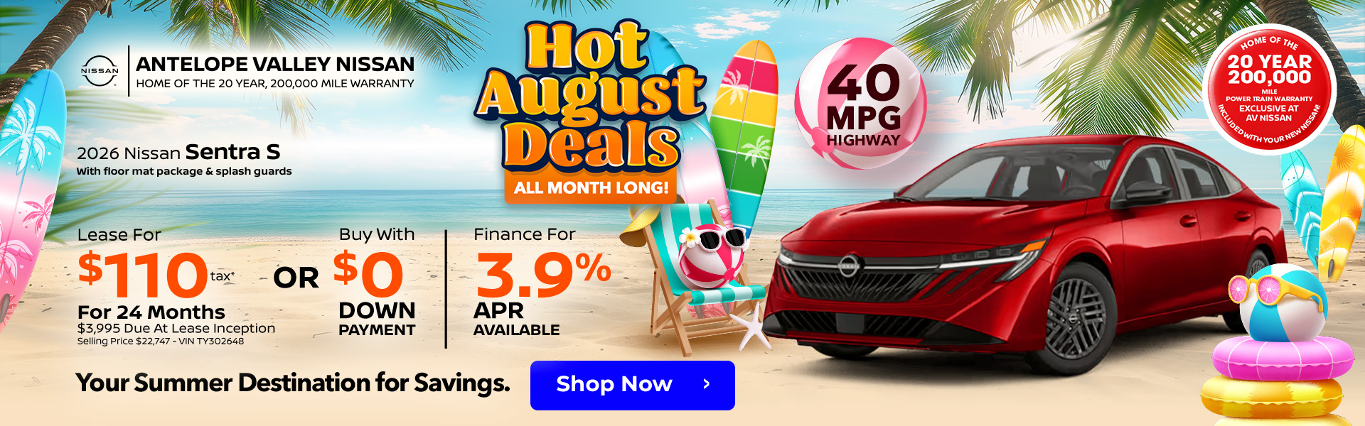 2026 Nissan Sentra S with floor mat package & splash guards 40 MPG HIGHWAY Lease $110 + Tax per month 24 months $3,995 Due At Lease Inception Selling Price $22,747 - VIN TY302648 OR Buy with $0 down | Available 3.9% APR