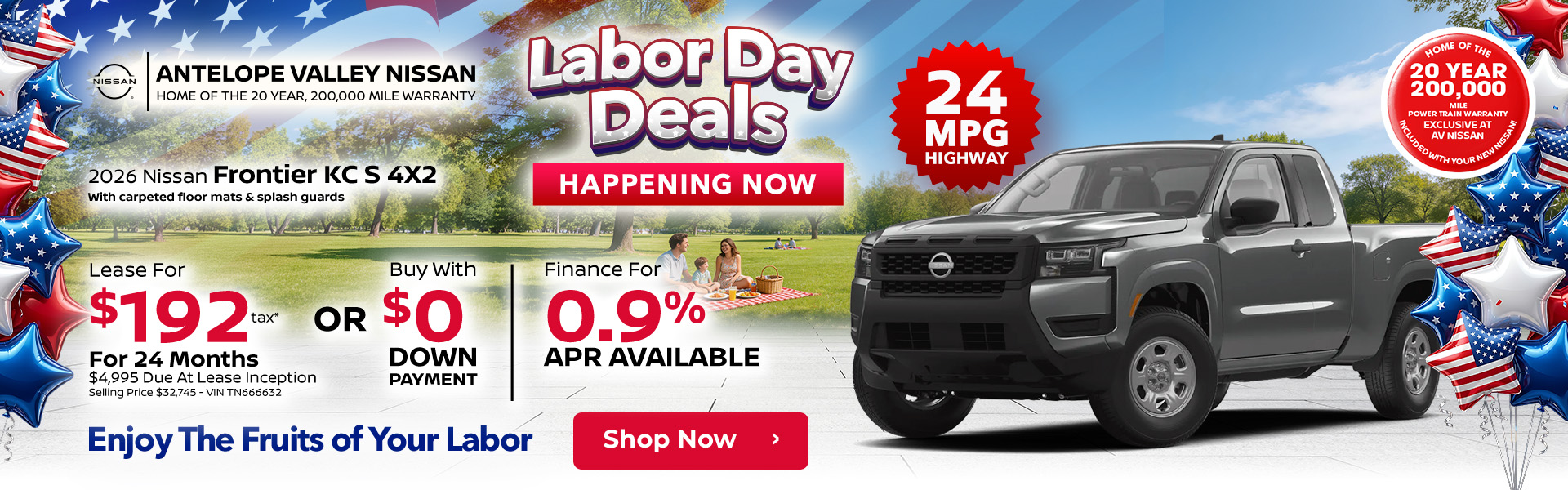 2026 Nissan Frontier KC S 4X2 with carpeted floor mats & splash guards 24 MPG HIGHWAY Lease $192 + Tax per month 24 months $4,995 Due At Lease Inception Selling Price $32,745 - VIN TN666632 OR Buy with $0 down | Available 0.90% APR