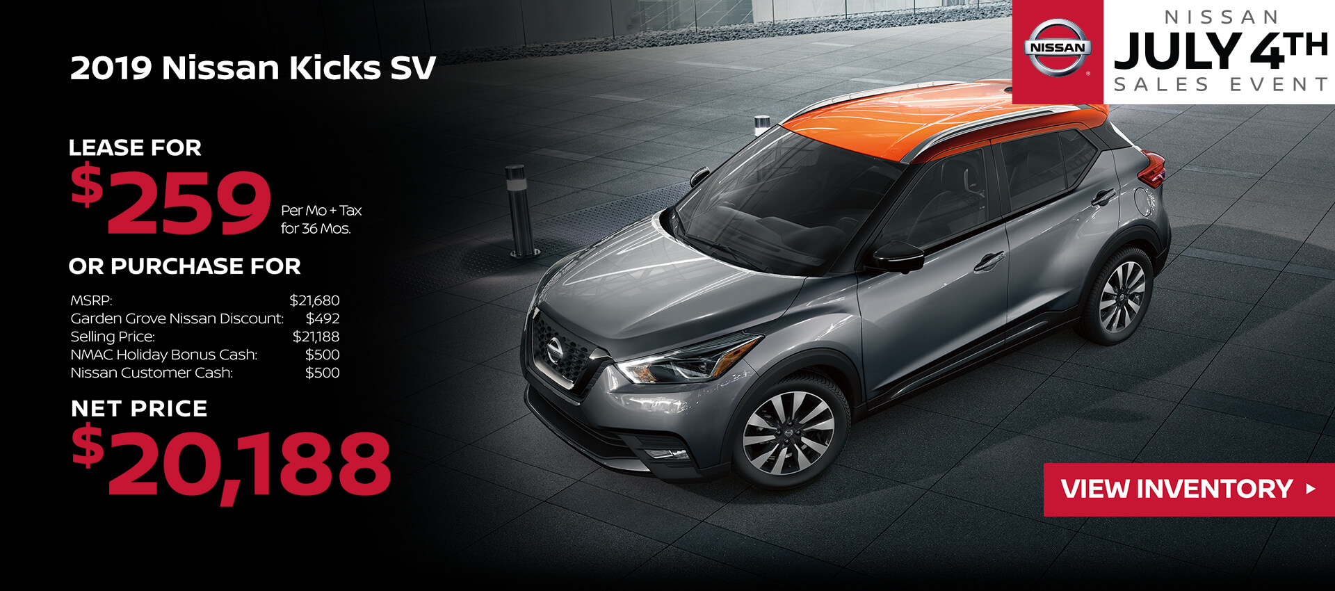 2019 Nissan Kicks Lease for $259