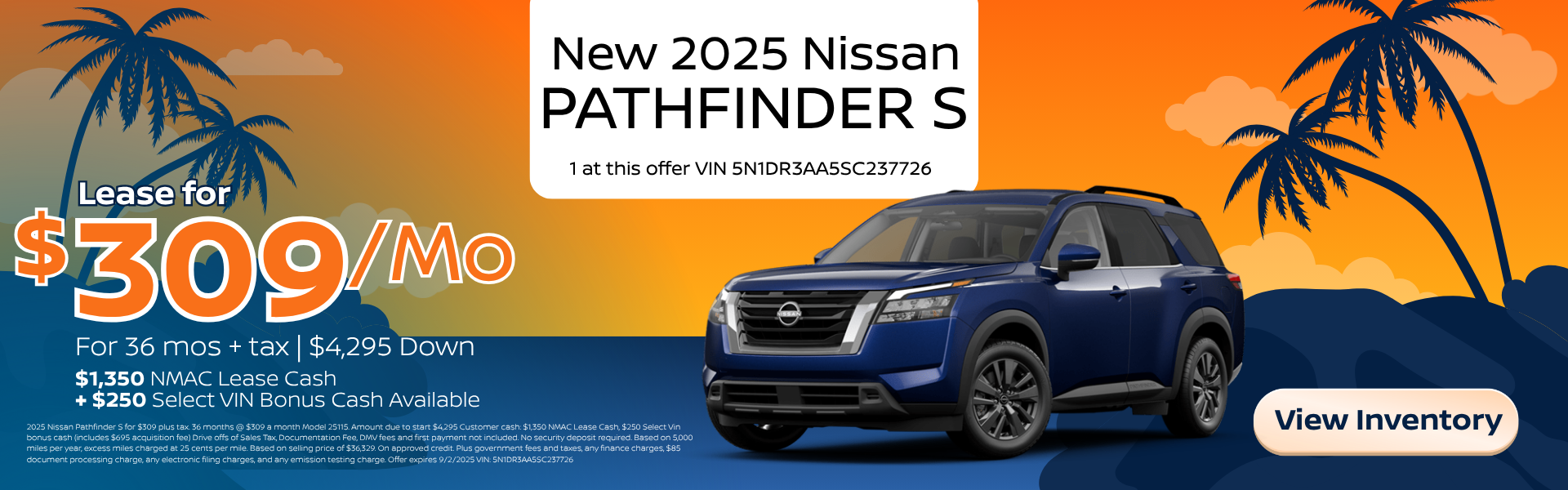 2025 Nissan Pathfinder S for $309 