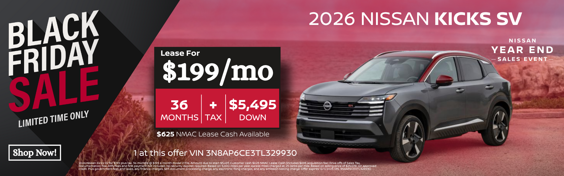 2026 Nissan Kicks SV for $199 2026 Nissan Kicks SV