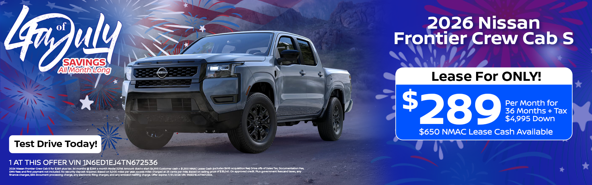2026 Nissan Frontier Crew Cab S Lease Offer at Garden Grove Nissan