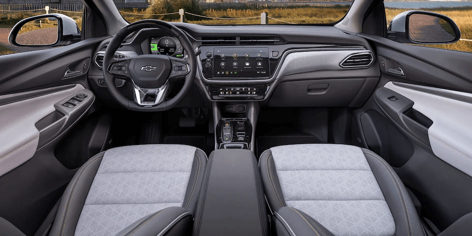 2022 Chevrolet Bolt EUV front interior seats and dashboard.
