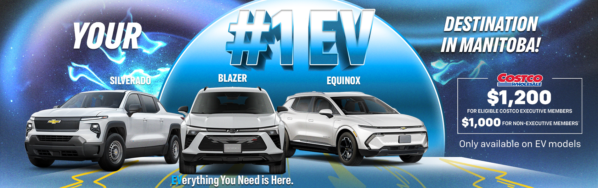 Chevrolet Silverado EV, Blazer EV, and Equinox EV with Manitoba EV promotion and Costco member bonus offer.