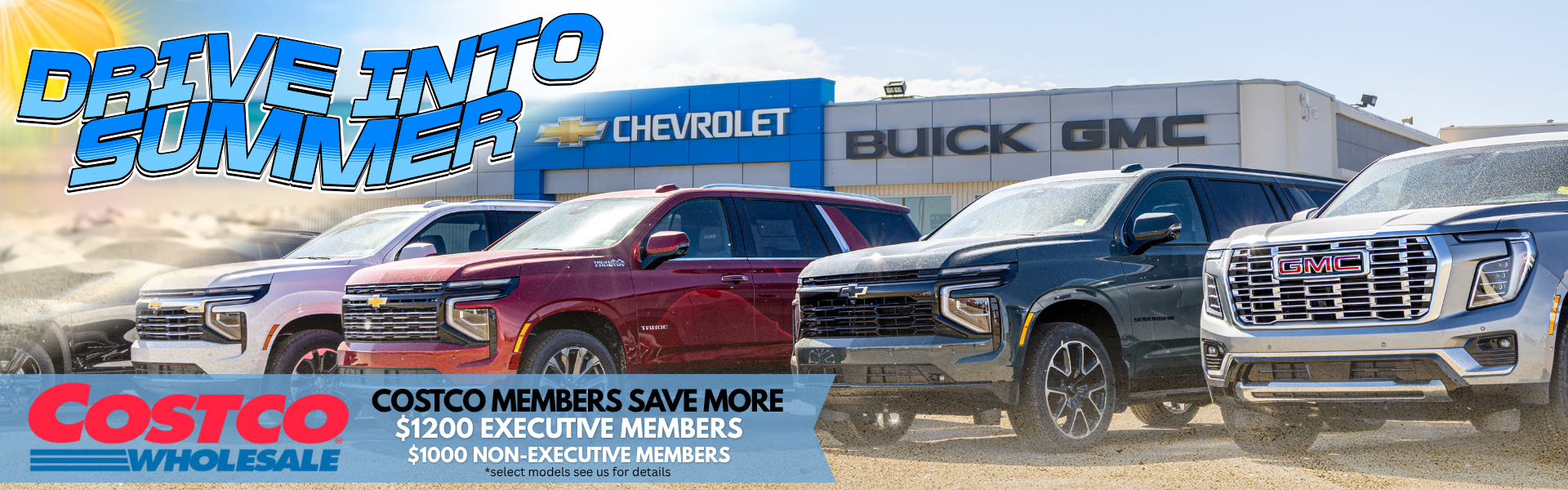 Multiple SUV vehicles in red, blue and sliver sit in a row in front of the Mighty Peace GM dealership storefront Drive into Summer and Costco Member save more text sit on a banner across the image.