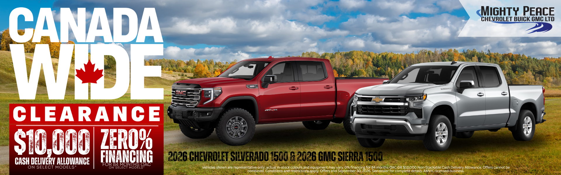 one red gmc Sierra 1500 and one silver Chevrolet Silverado 1500 sit in front of a field with hills and leafy trees as a background large Canada wide clearance banner displayed