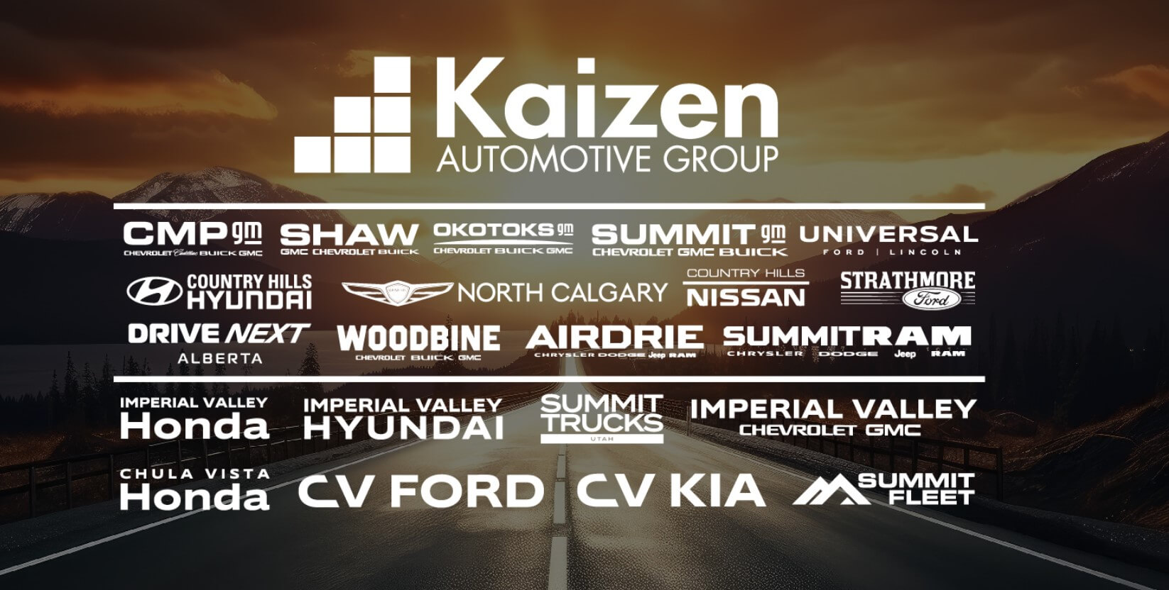 A sunset background with creative copy showing the dealers owned by Kaizen Automotive group, including Shaw GMC Chevrolet Buick