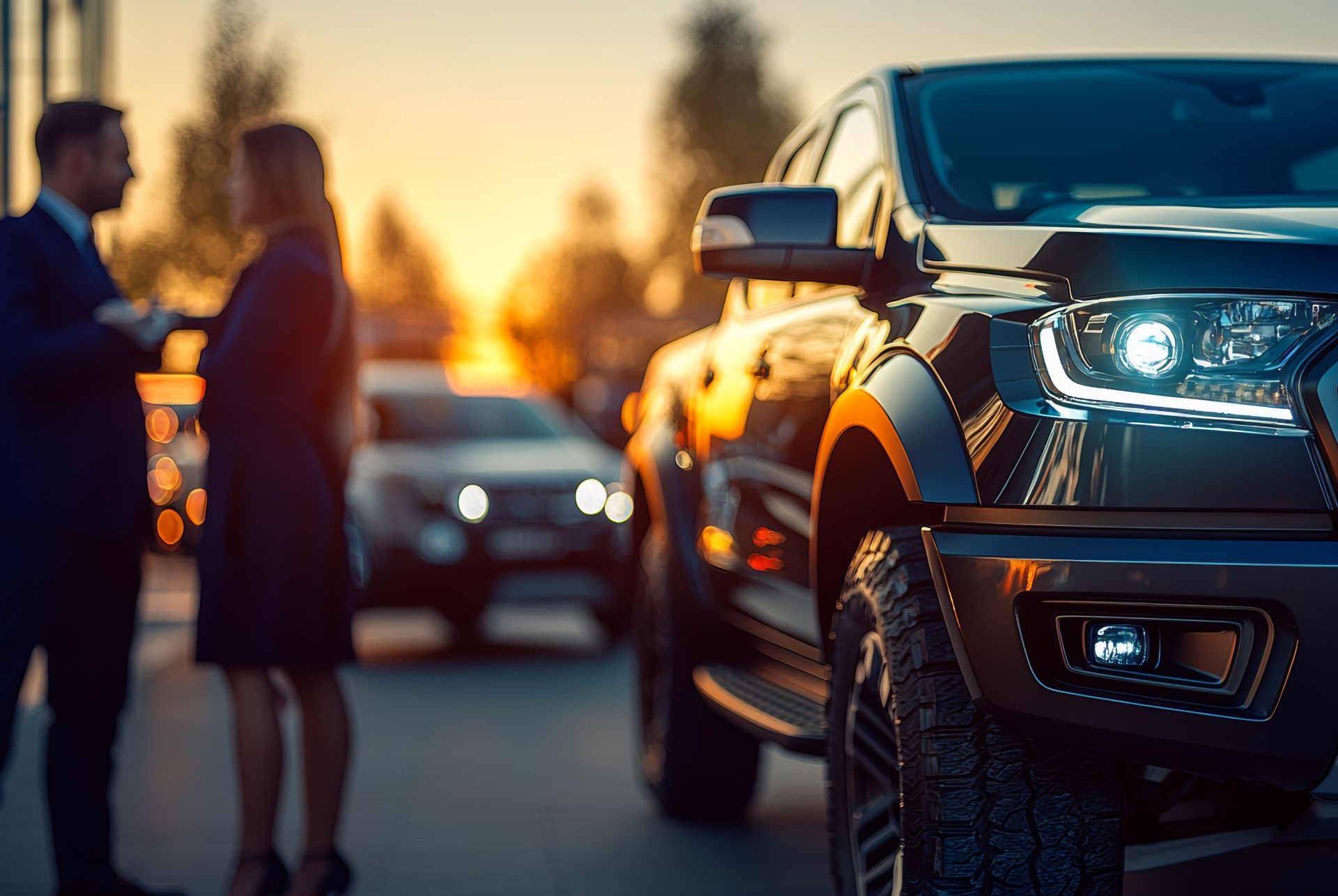 buying a winter sports transport vehicle at CMP Auto at sunset in winter