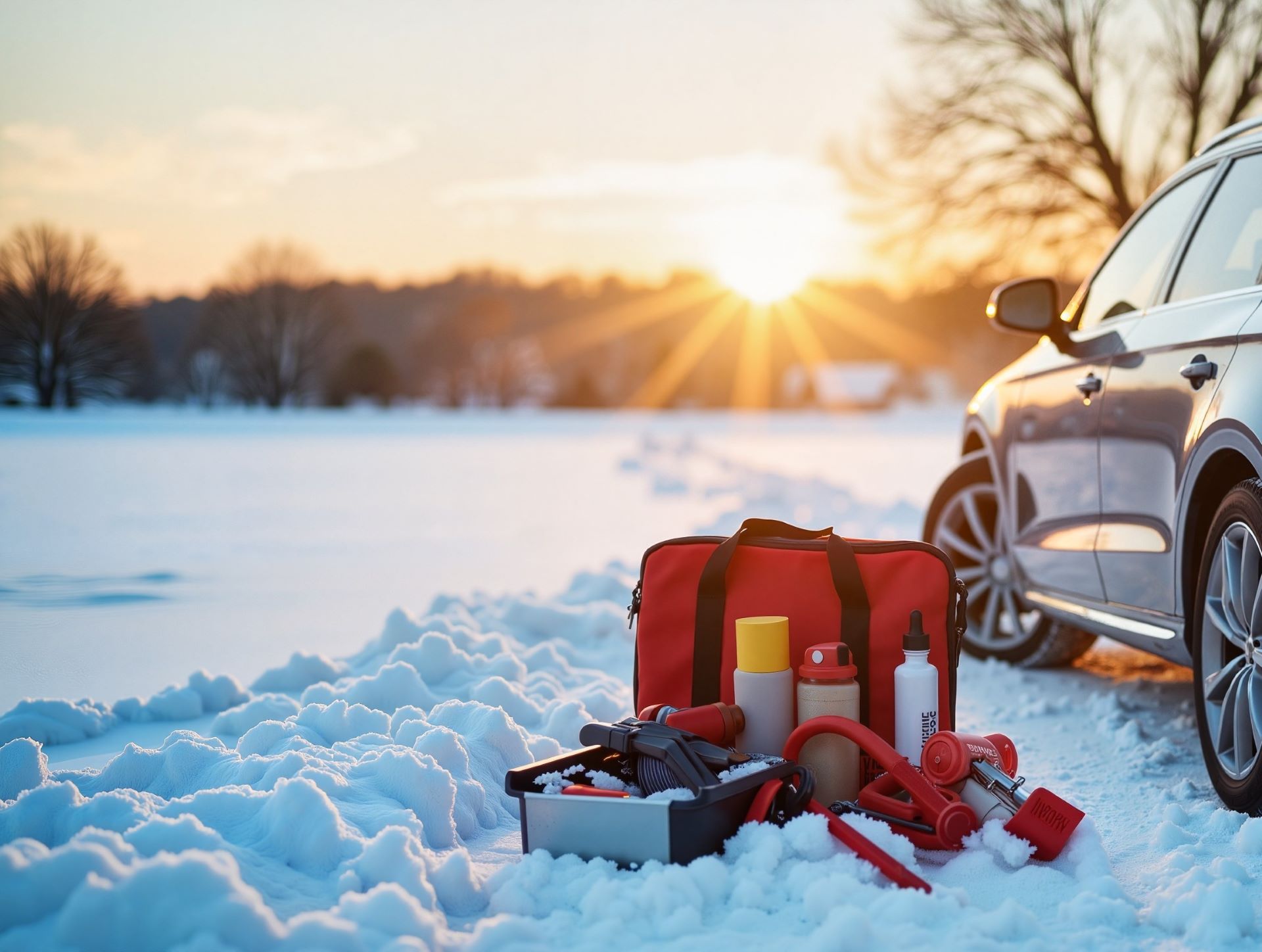 An emergency kit with tow straps, a first-aid bag, and blankets sits beside a folded trail map in the cargo area of a GMC Acadia.