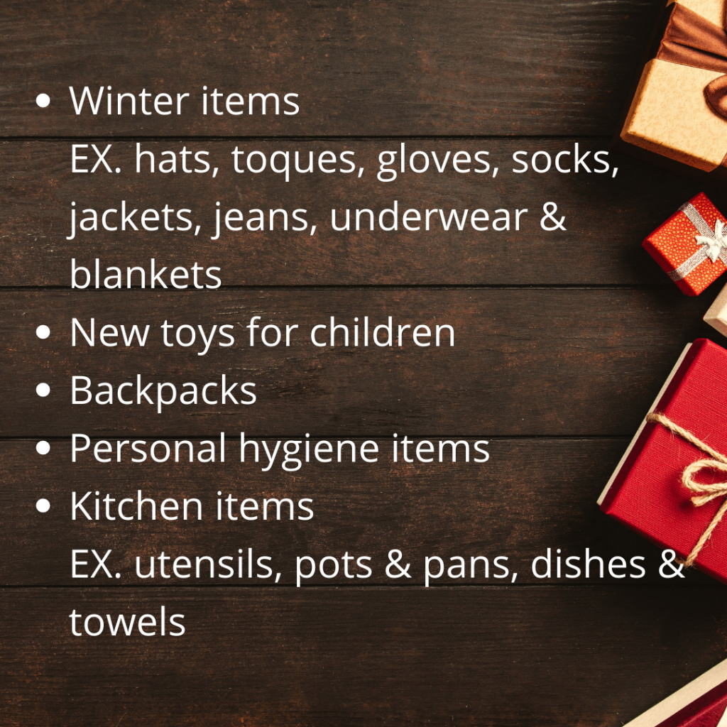 collection items: winter items; new toys; backpacks; personal hygiene items; kitchen items