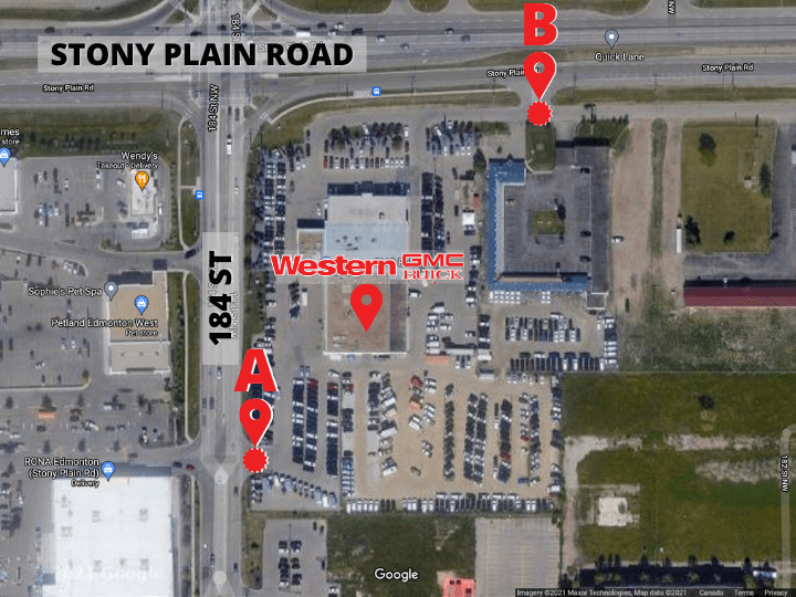 Western GMC Buick satellite view with entrances marked