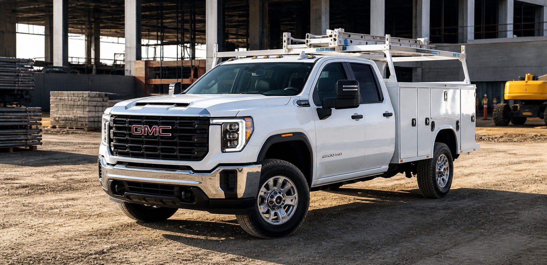 GM Business Choice — Silverado with Adrian Steel service body upfit at a job site
