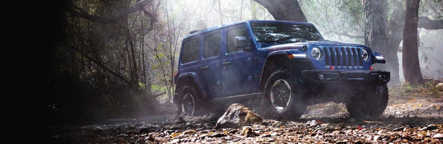 2020 Jeep Wrangler winnipeg mb exterior shot with blue paint color driving through a forest ground of fall leaves as sun shines through the trees