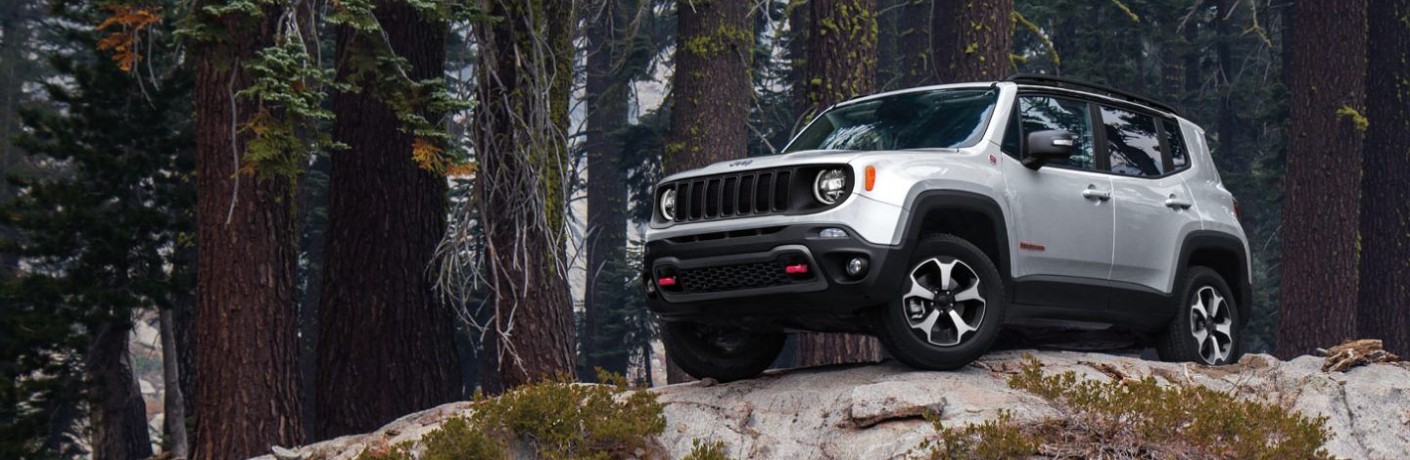 2020 Jeep Renegade exterior winnipeg, manitoba shot with silver gray paint color parked on a rocky cliff under the shade of tall trees in a forest