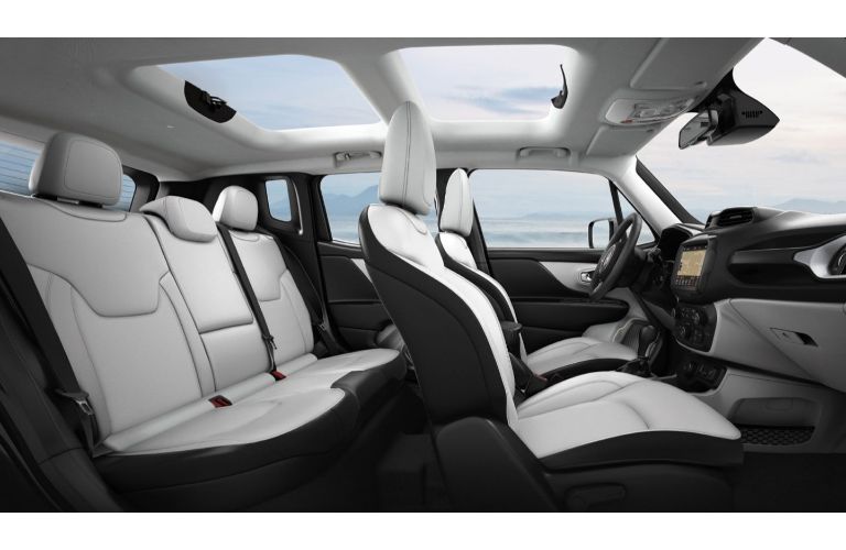 2020 Jeep Renegade winnipeg, manitoba interior side shot of cabin seating rows with white and black upholstery