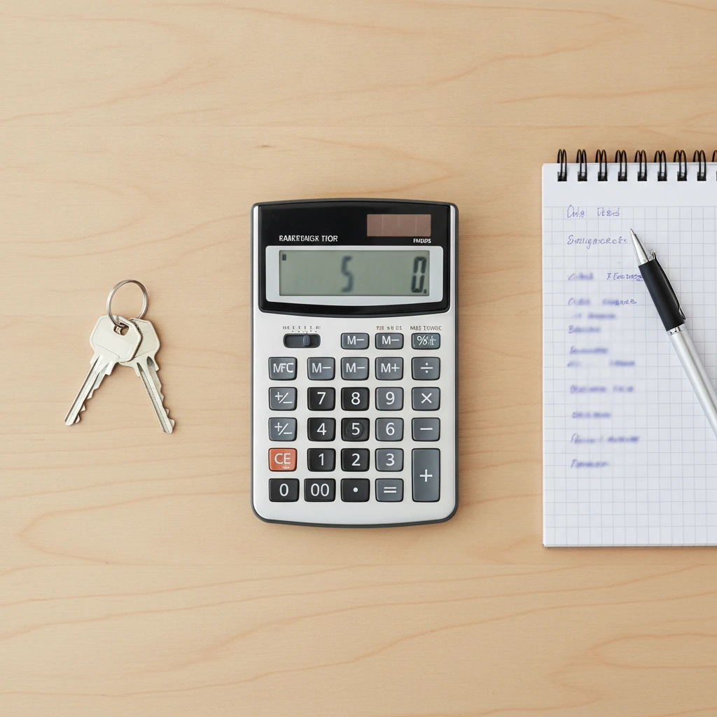 a calculator, notepad, and set of keys on a wooden table