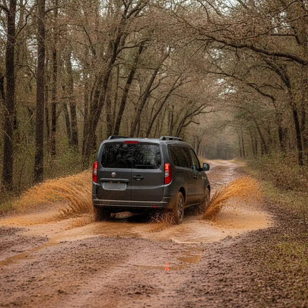 compact SUV driving through a muddy rural trail puddle on an overcast day