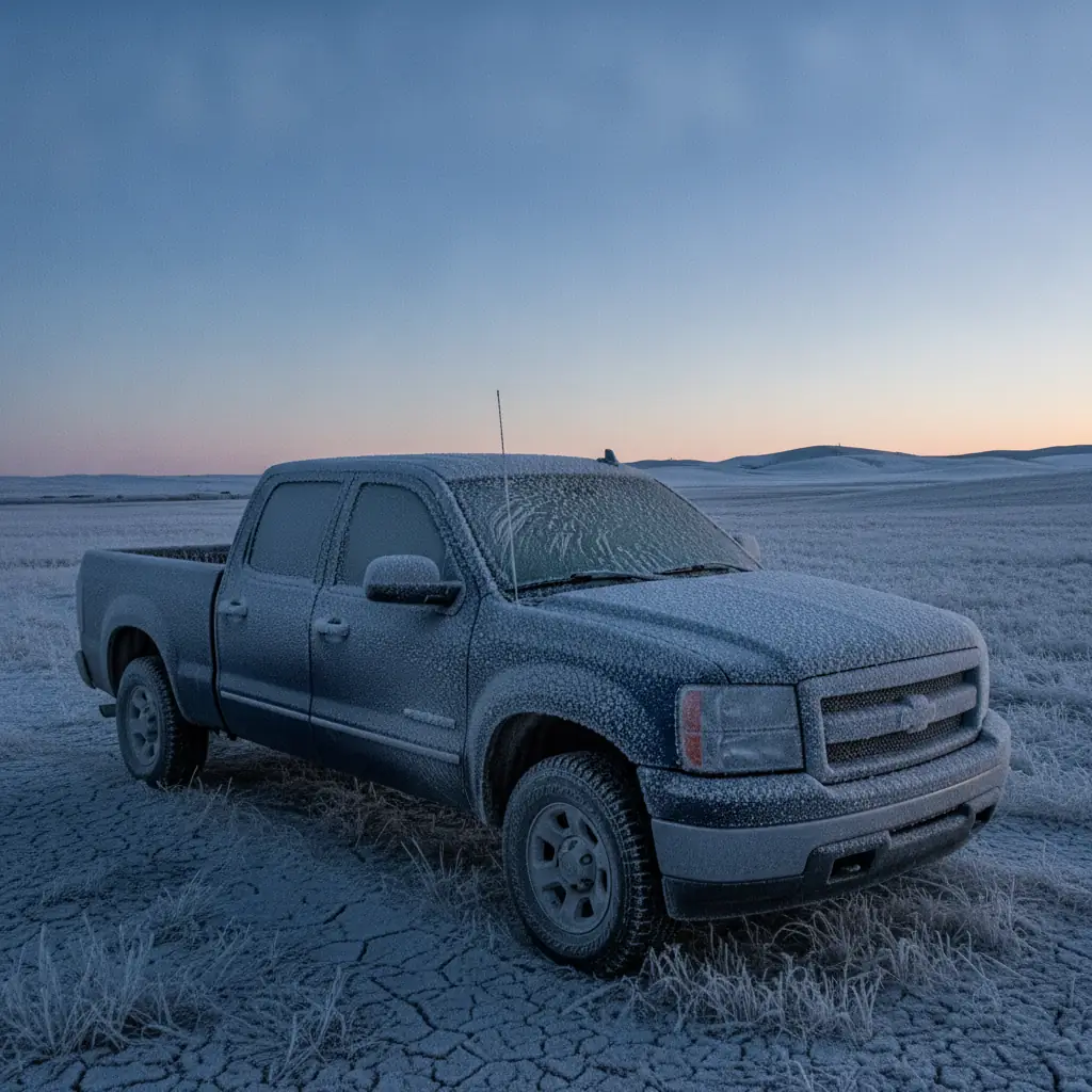 vehicle coated in frost and ice parked outside on a frigid prairie morning