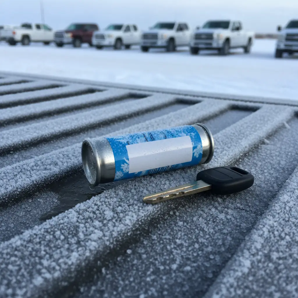a small can of lock deicer and a key resting on a frosty surface