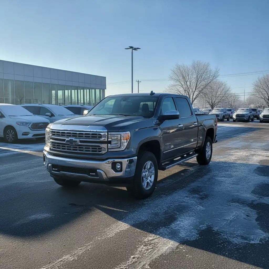 a clean newer pickup parked on a dealership lot on a bright cold winter day