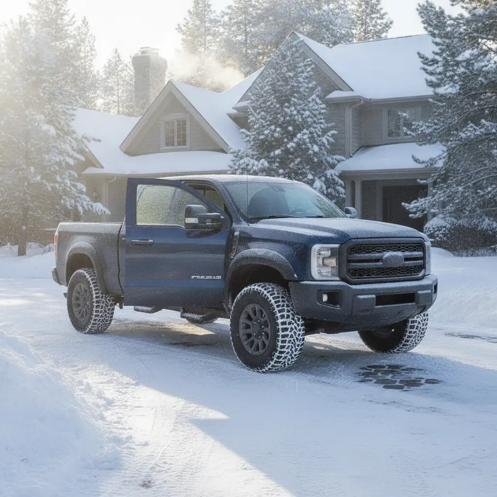 pickup in a snowy driveway with the door slightly ajar on a cold morning