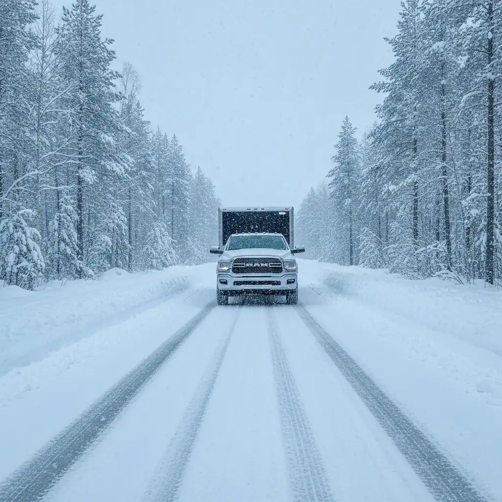 a pickup and trailer tracking straight and stable on a snowy open road