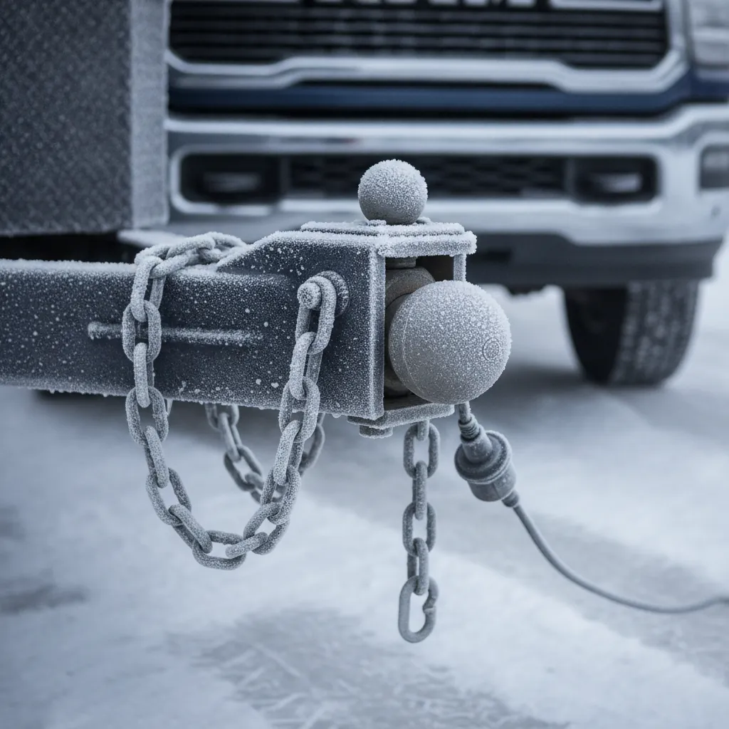 a trailer hitch coupler and safety chains connected on a frosty morning