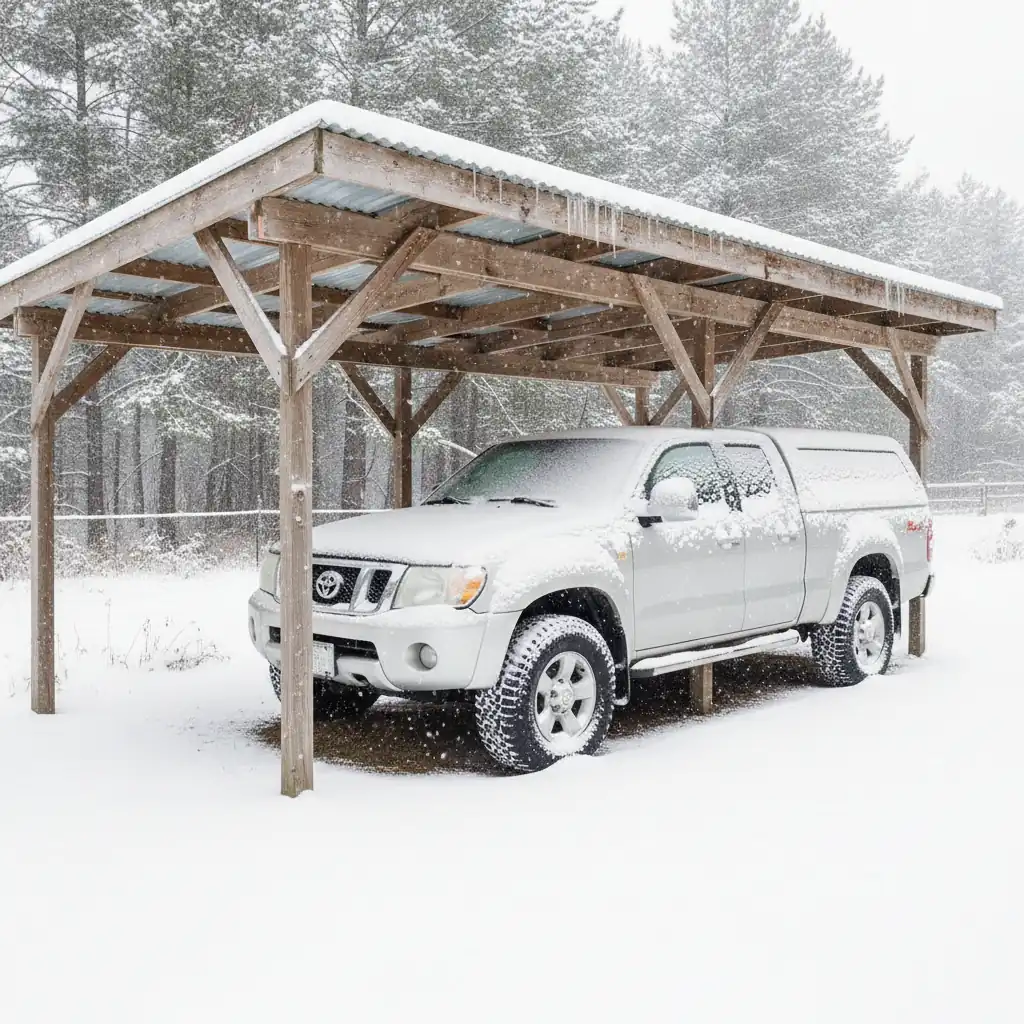 vehicle parked under a covered carport on a snowy day sheltered from frost