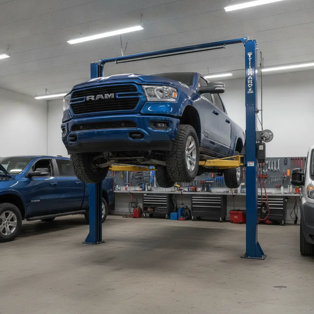 a vehicle raised on a service hoist with all four wheels accessible