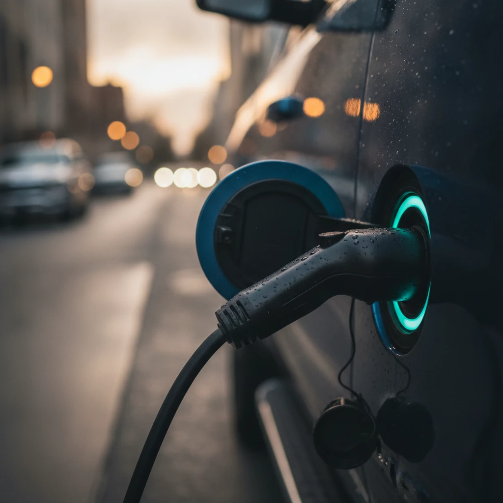 an EV charging cable plugged into a vehicle charge port at dusk