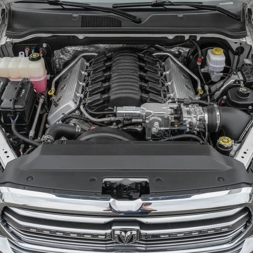 overhead view of a V8 engine bay showing ignition coils seated along the cylinder head