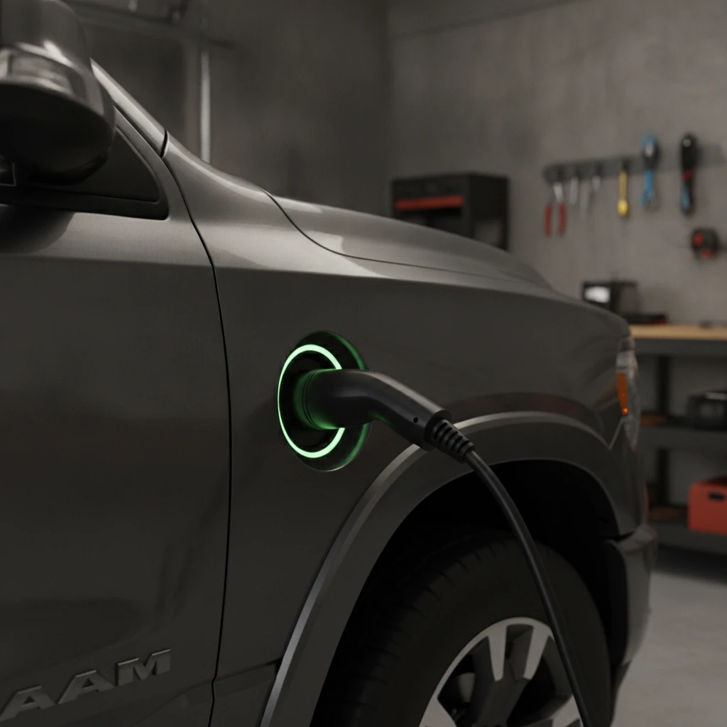 home EV charging cable plugged into a pickup truck charge port with a green indicator glowing