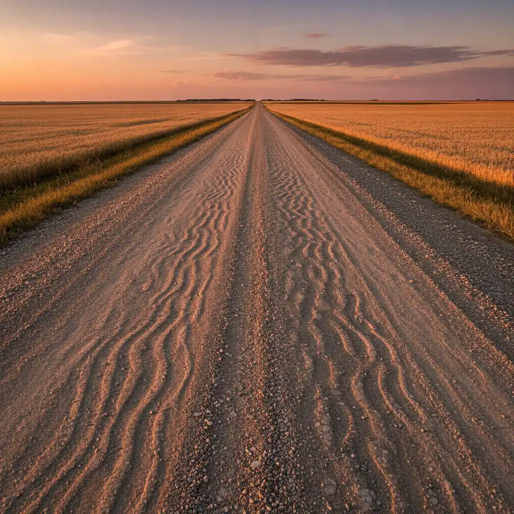 washboard corrugation on a straight Manitoba gravel road at golden hour with flat grain fields behind