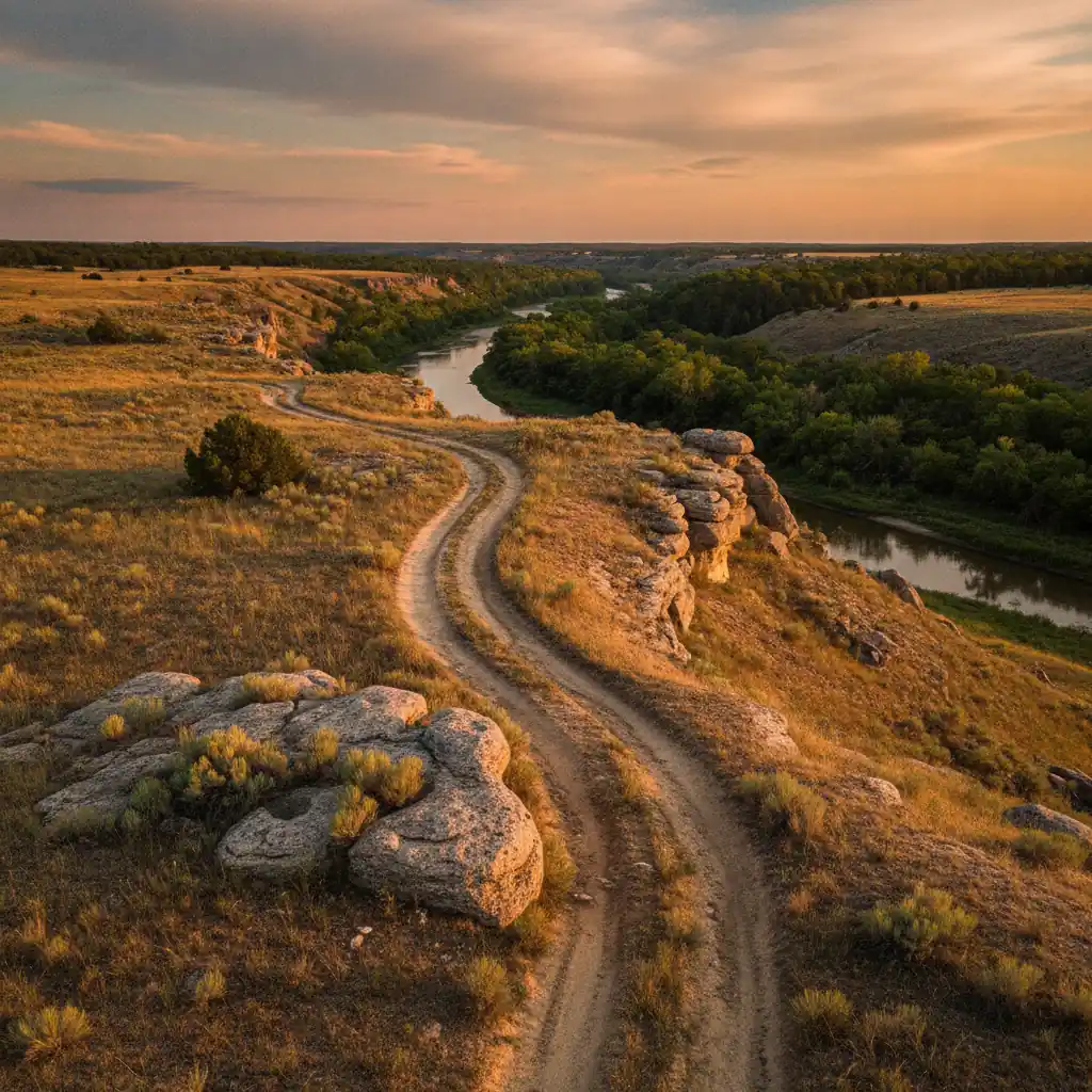 rutted two track trail curving through a rocky prairie river valley with scrub brush