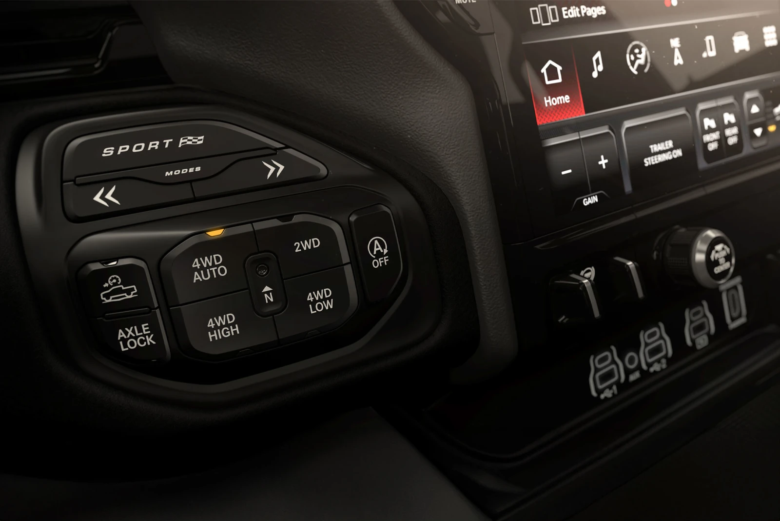 Ram 1500 Sport drive mode selector and four wheel drive controls