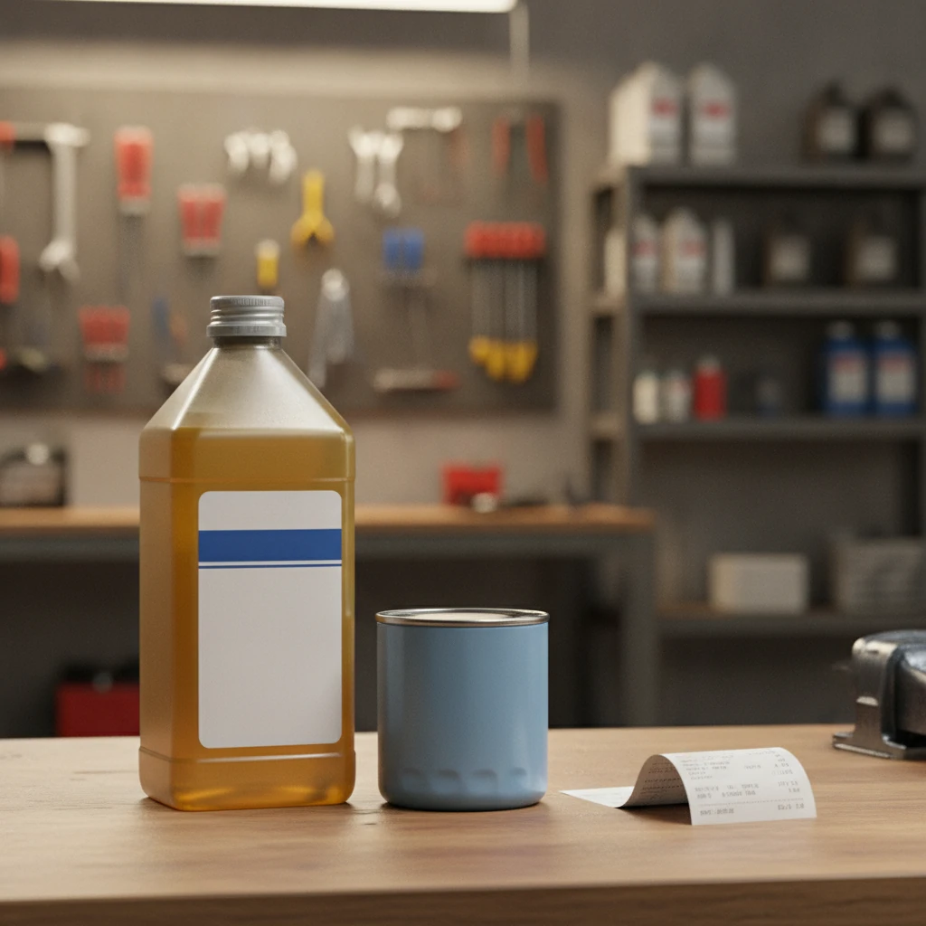 engine oil, a new oil filter, and a service receipt on a workshop bench