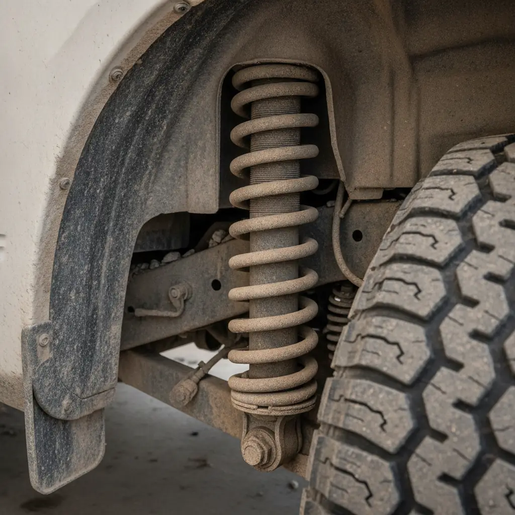 dusty pickup truck rear shock absorber and coil spring inside the wheel well
