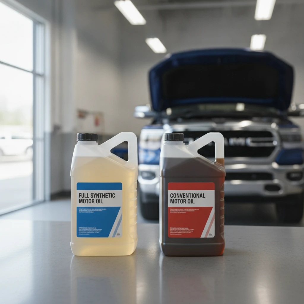 two motor oil jugs side by side on a parts counter, synthetic and conventional