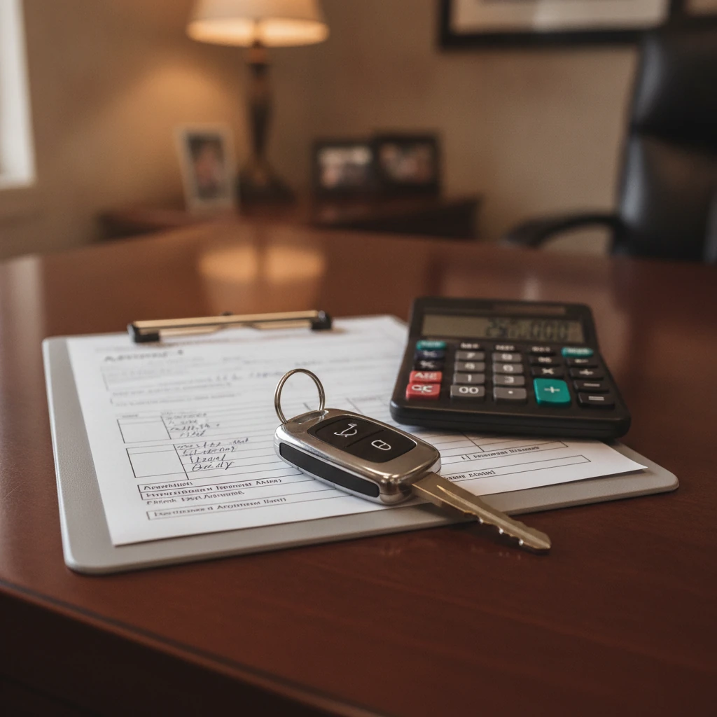 vehicle keys on a desk beside a trade appraisal clipboard and a calculator