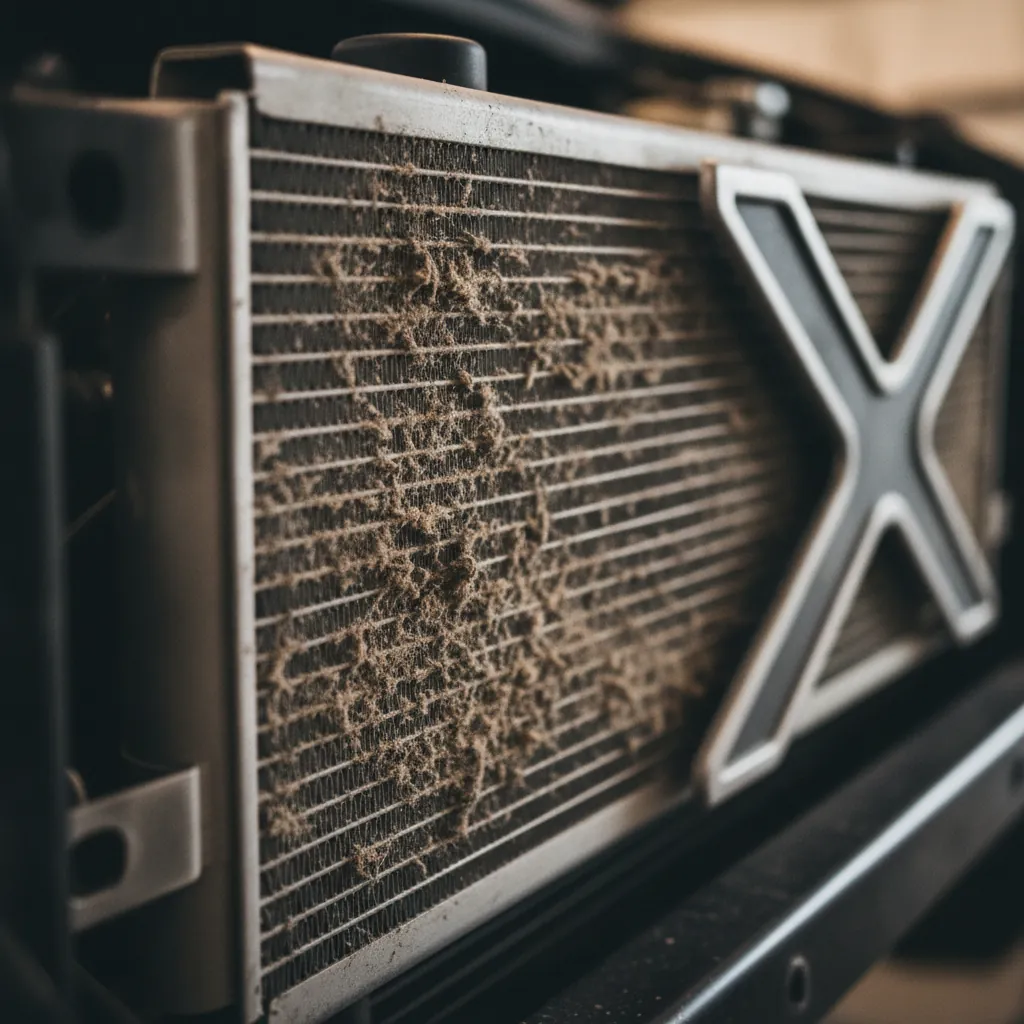 air conditioning condenser fins packed with cottonwood fluff and bug debris at the front of a truck